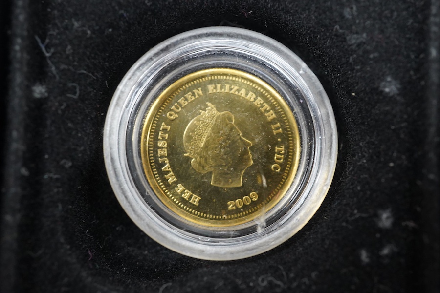 Gold coins, Elizabeth II;, Ascension Island, 1/5 sovereign, 2013, Tristan de Cunha, six gold half crowns (2009 x 4 and 2010 x 2), and a quarter sovereign, 2016, British virgin islands gold $3, 2013, Isle of Man gold 1/5